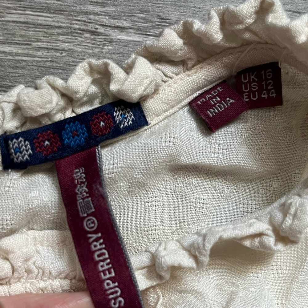 Superdry Long Sleeve Lightweight Embroidered Tree Bird Cream Blue Dress Size 12 - Picture 2 of 7